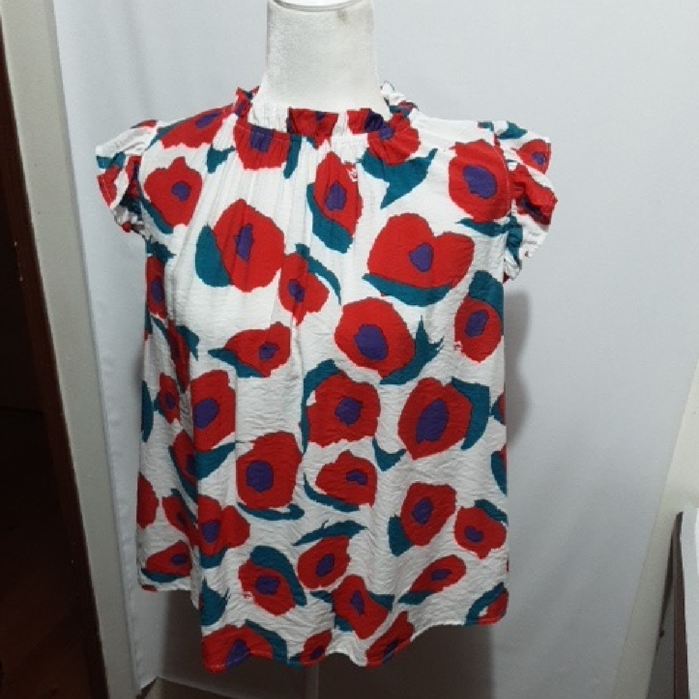 Bucket List Women’s M White Floral Print Flutter Sleeve Boho Top